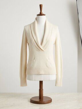J. Crew Alpaca Merino Ivory Long Sleeve Shawl‎ Collar Sweater Size Large V Neck